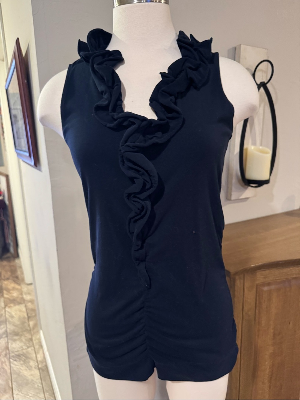 Cabi Sleeveless Ruffle V-Neck Tank Top - Black